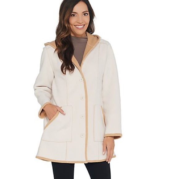 Susan Graver Jackets & Blazers - Susan Graver Ivory Polar Fleece Coat & Camel Trim.